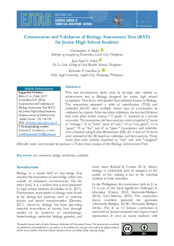 (PDF) Construction and Validation of Biology Assessment Test (BAT) for ...