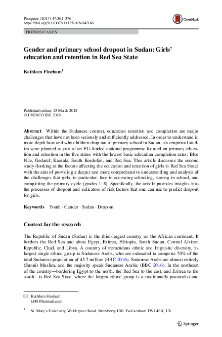 (PDF) Gender and primary school dropout in Sudan: Girls’ education and ...