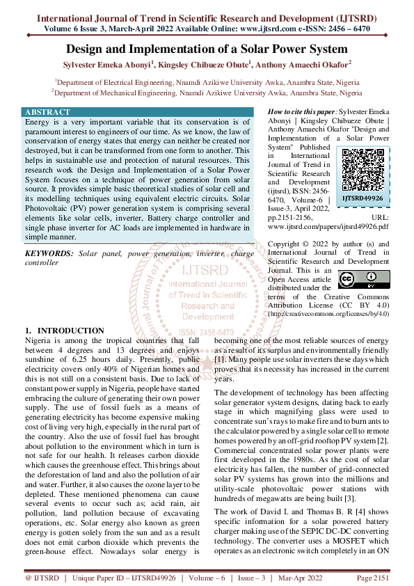 (PDF) Design and Implementation of a Solar Power System
