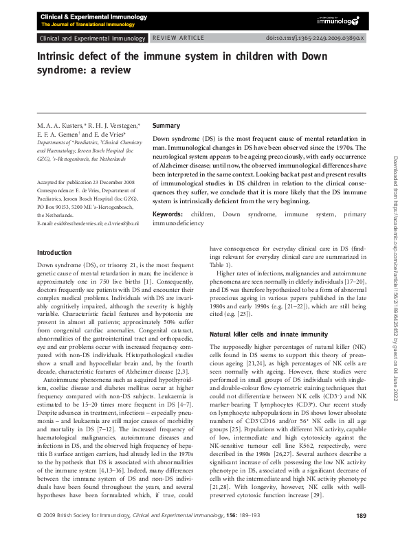 (PDF) Intrinsic defect of the immune system in children with Down ...