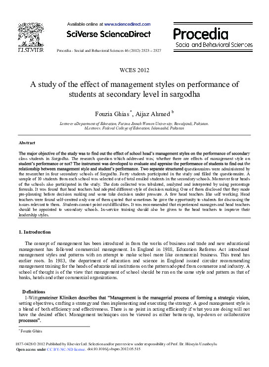 (PDF) A Study of the Effect of Management Styles on Performance of ...