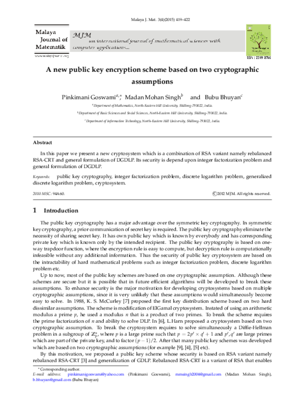 (PDF) A new public key encryption scheme based on two cryptographic ...