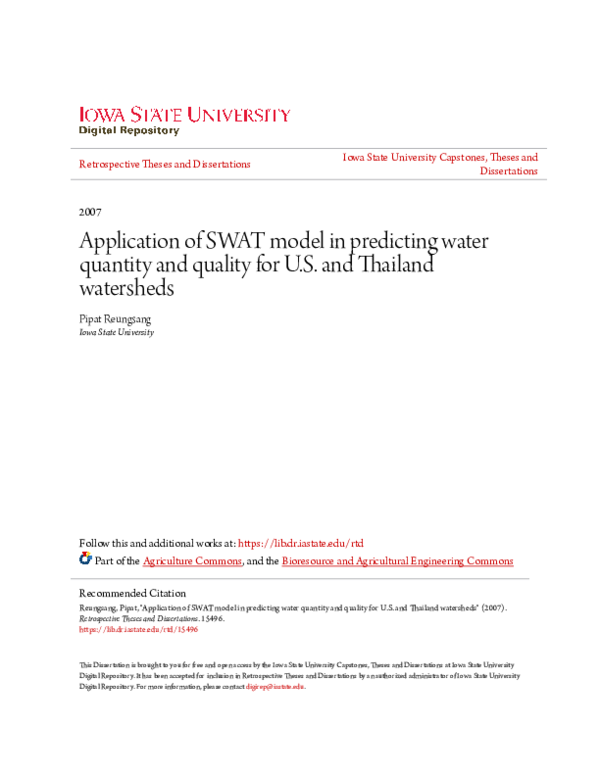 (PDF) Application of SWAT model in predicting water quantity and ...