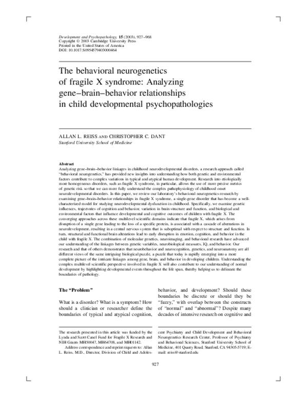 (PDF) The behavioral neurogenetics of fragile X syndrome: Analyzing ...