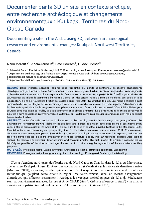 (PDF) Documenter par la 3D un site en contexte arctique, entre ...