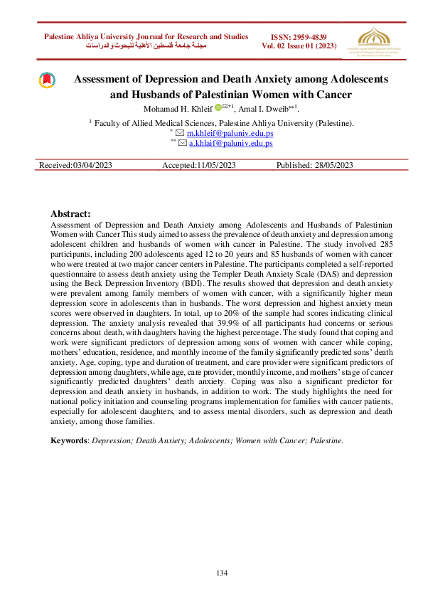 (PDF) Assessment of Depression and Death Anxiety among Adolescents and ...