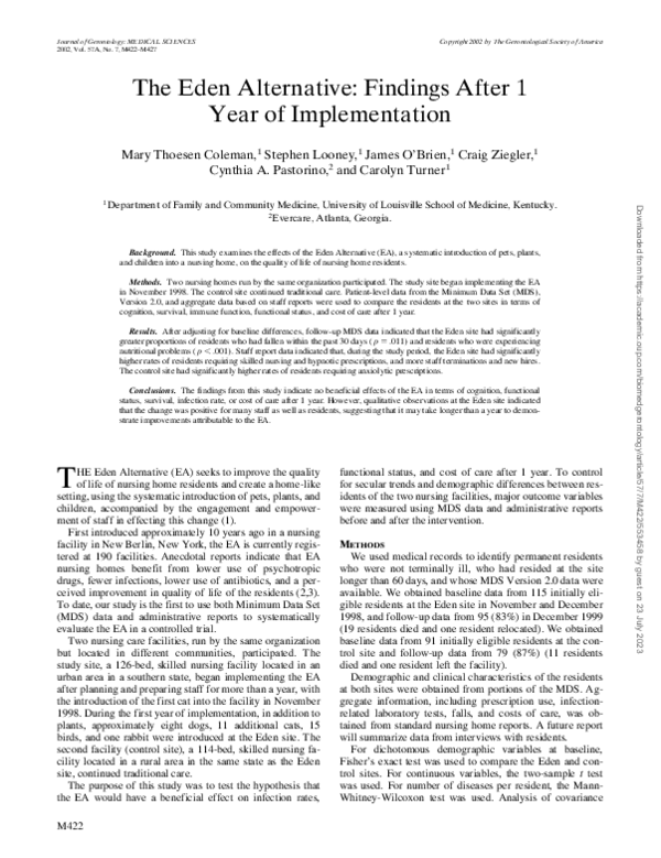 (PDF) The Eden Alternative: Findings After 1 Year of Implementation