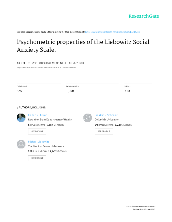 (PDF) Psychometric Properties of the Liebowitz Social Anxiety Scale in ...
