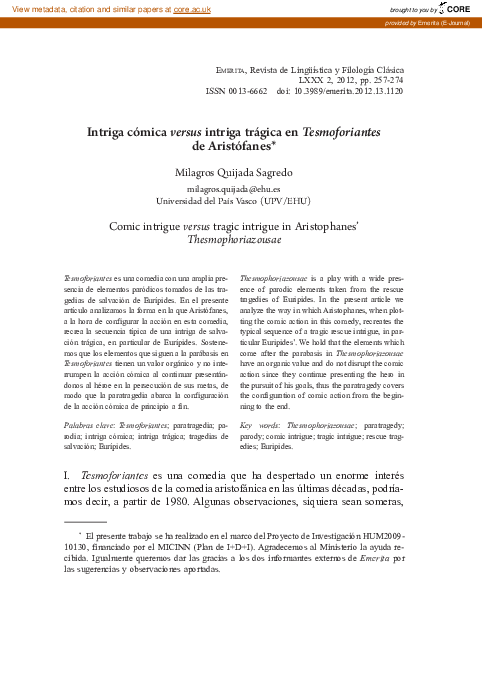 (PDF) Intriga cómica versus intriga trágica en Tesmoforiantes de ...