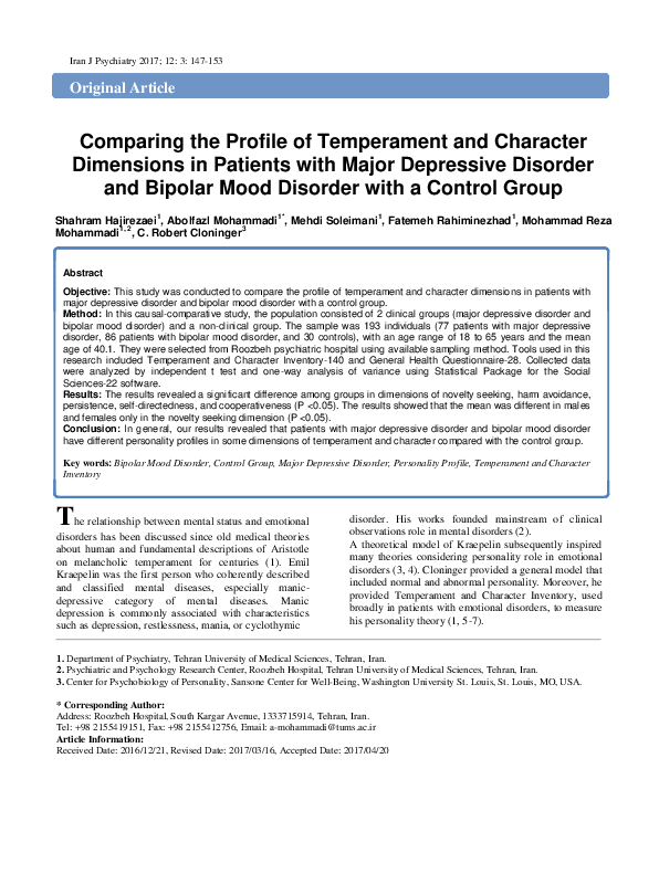 (PDF) Comparing the Profile of Temperament and Character Dimensions in ...
