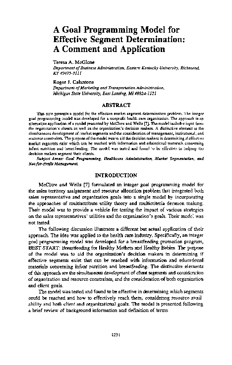 (PDF) A Goal Programming Model for Effective Segment Determination: A ...