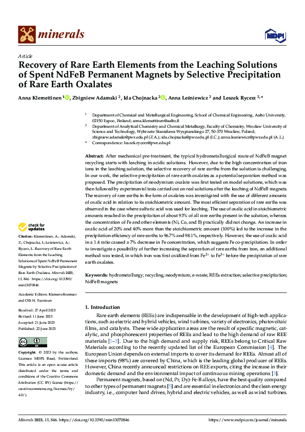 (PDF) Recovery of Rare Earth Elements from the Leaching Solutions of ...