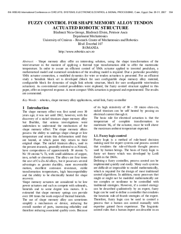(PDF) Fuzzy control for shape memory alloy tendon-actuated robotic ...