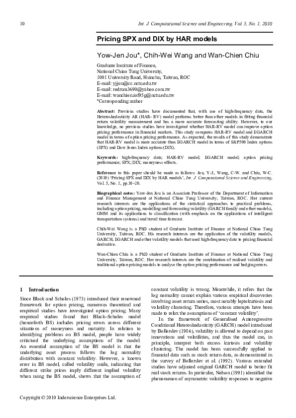 (PDF) Pricing SPX and DIX by HAR models