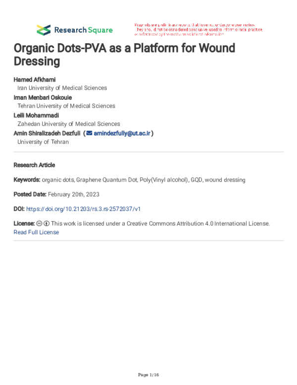 (PDF) Organic Dots-PVA as a Platform for Wound Dressing