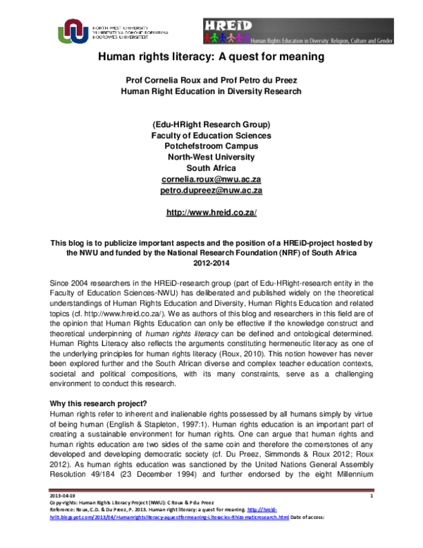 (PDF) Human rights literacy A quest for meaning Cornelia Roux