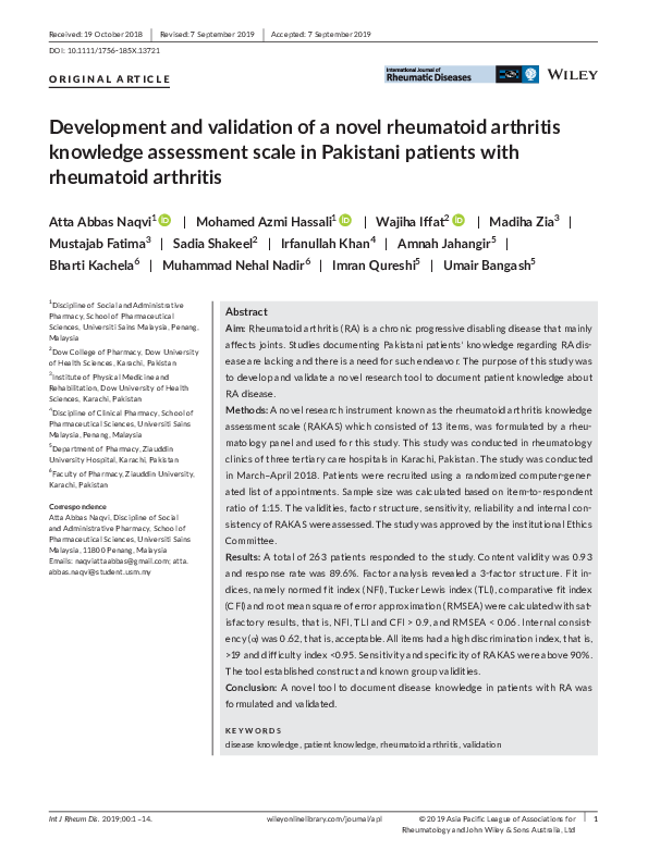 (PDF) Development and validation of a novel rheumatoid arthritis ...
