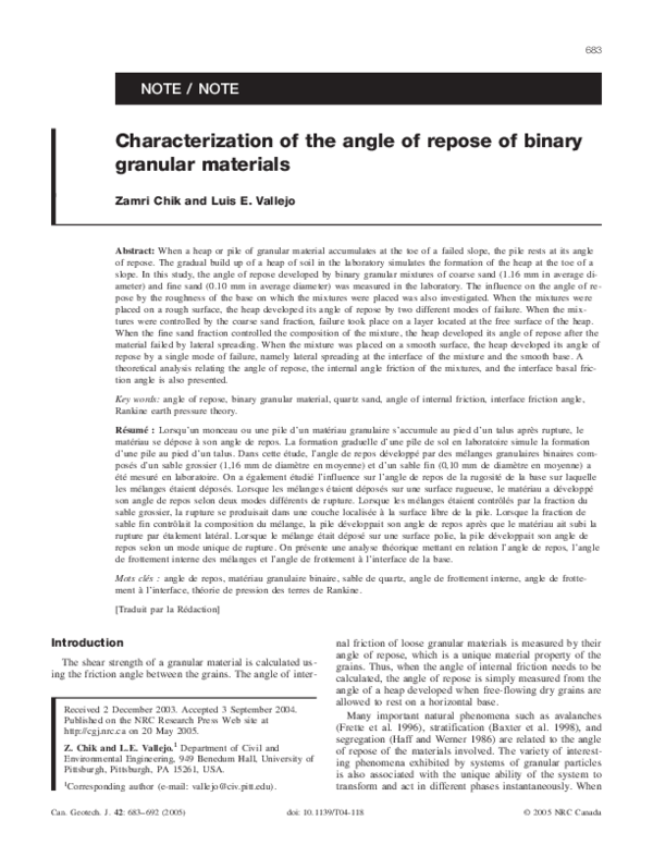 (PDF) Characterization of the angle of repose of binary granular materials