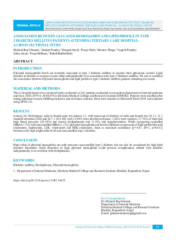 (PDF) Association between Glycated Hemoglobin and Lipid Proﬁle in Type ...