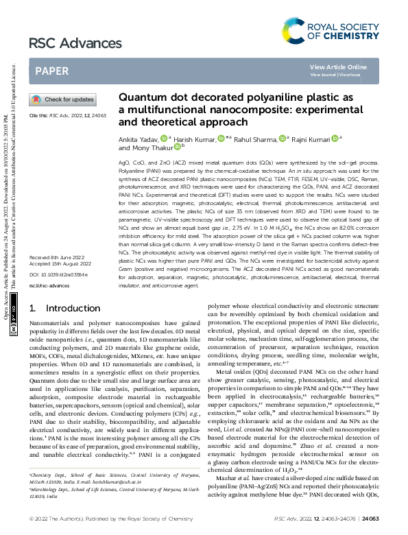 (PDF) Quantum dot decorated polyaniline plastic as a multifunctional ...