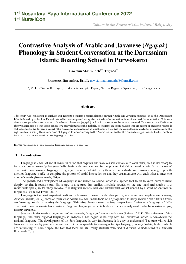 (PDF) Contrastive Analysis of Arabic and Javanese (Ngapak) Phonology in ...