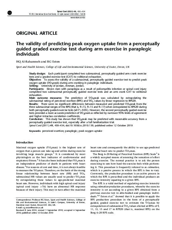 (PDF) The validity of predicting peak oxygen uptake from a perceptually ...