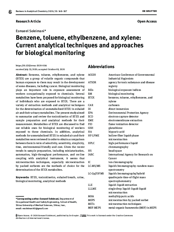(PDF) Benzene, toluene, ethylbenzene, and xylene: Current analytical ...
