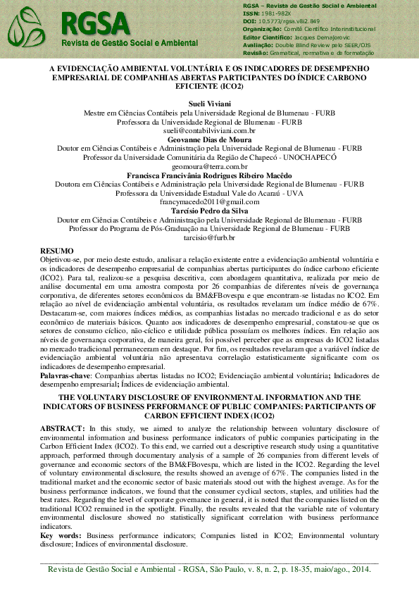 (PDF) Evidenciação Ambiental Voluntária e Indicadores De Desempenho ...