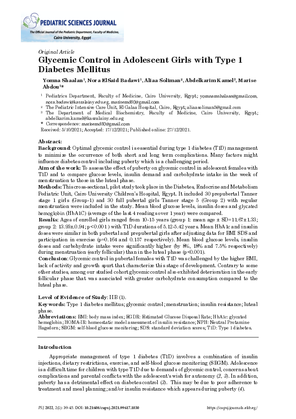 (PDF) Glycemic Control in Adolescent Girls with Type 1 Diabetes Mellitus