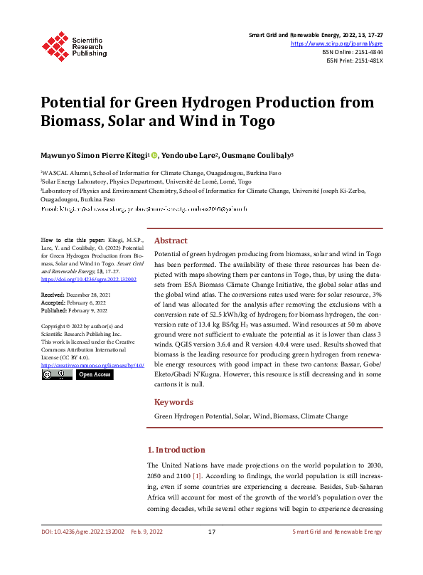 (PDF) Potential for Green Hydrogen Production from Biomass, Solar and ...