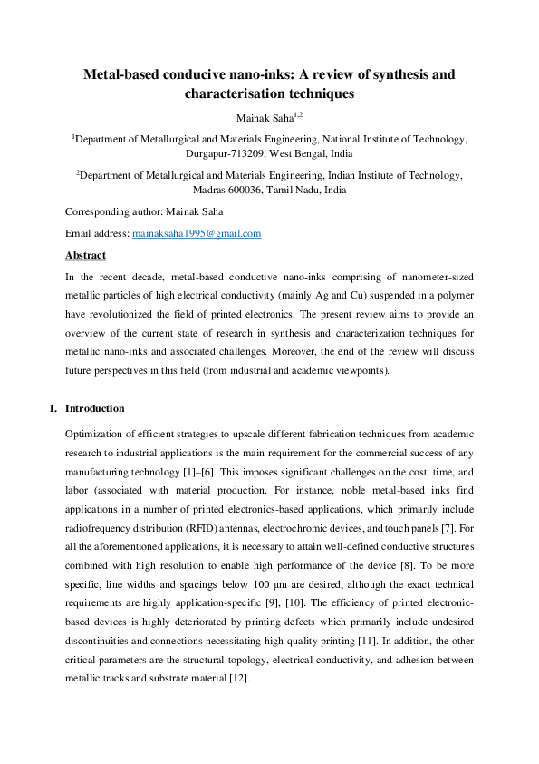 Metal-based conducive nano-inks: A review of synthesis and characterisation techniques