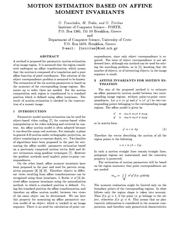 (PDF) Motion Estimation Based On Affine Moment Invariants