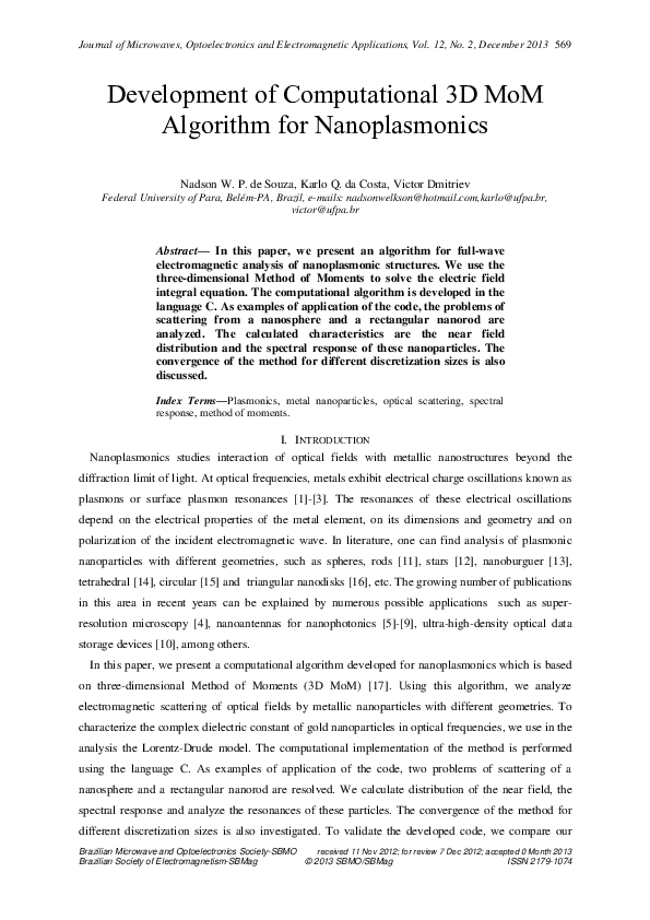 (PDF) Development of computational 3D MoM algorithm for nanoplasmonics
