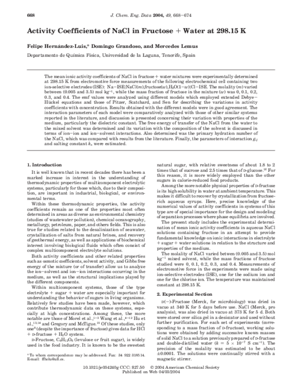 (PDF) Activity Coefficients of NaCl in Fructose + Water at 298.15 K