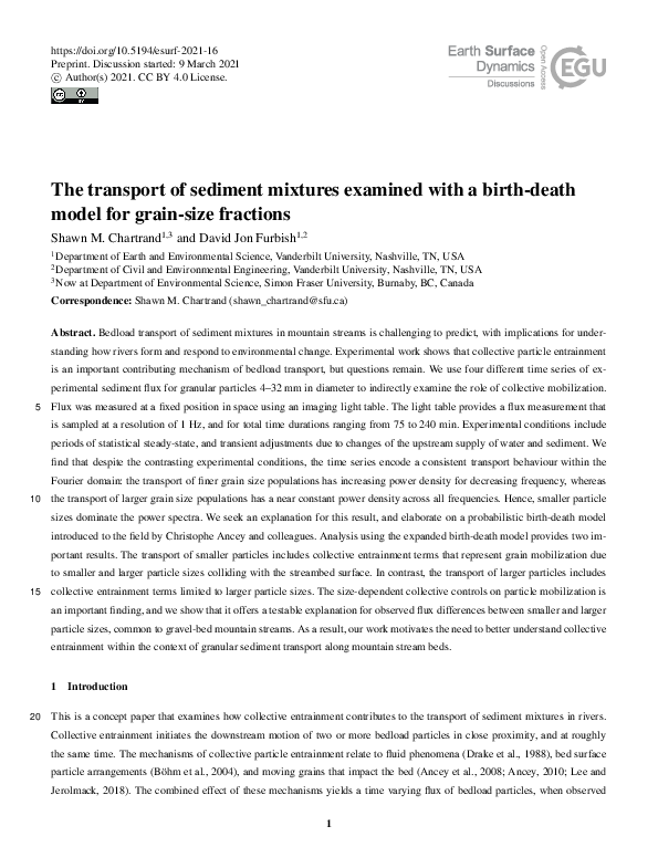 (PDF) The transport of sediment mixtures examined with a birth-death ...