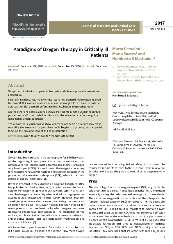 (PDF) Paradigms of Oxygen Therapy in Critically Ill Patients