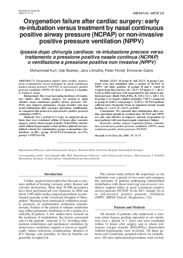 (PDF) Oxygenation failure after cardiac surgery: early re-intubation ...