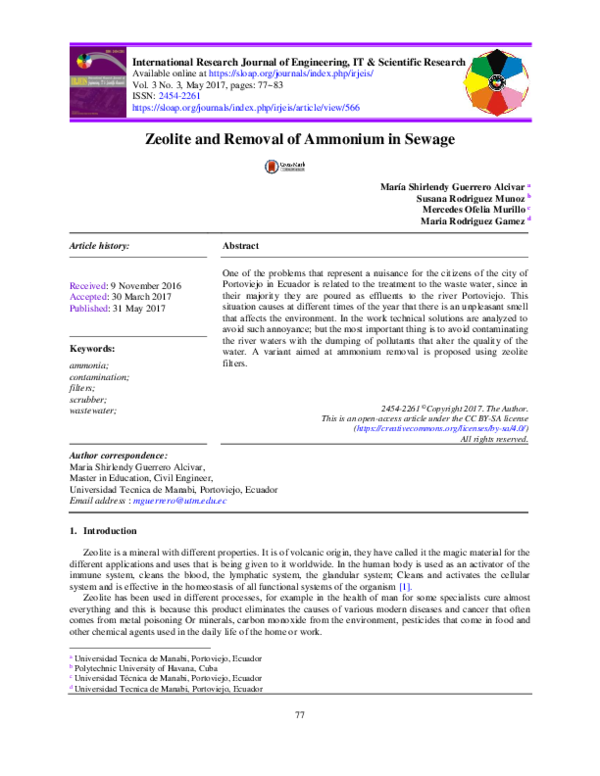 (PDF) Zeolite and the Removal of Ammonium in Sewage