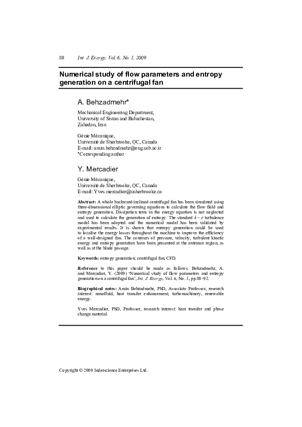(PDF) Numerical study of flow parameters and entropy generation on a ...