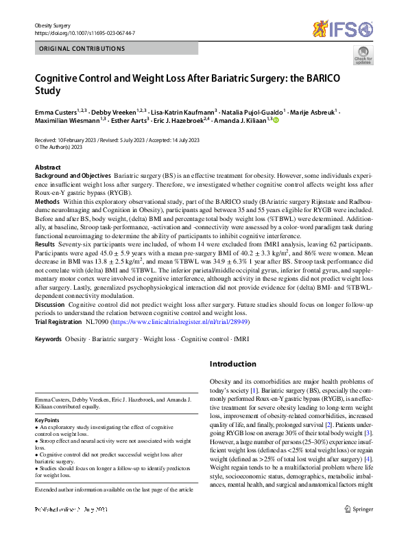 (PDF) Cognitive Control and Weight Loss After Bariatric Surgery: the ...