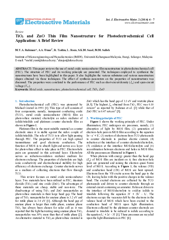 (PDF) TiO 2 and ZnO thin film nanostructure for photoelectrochemical ...