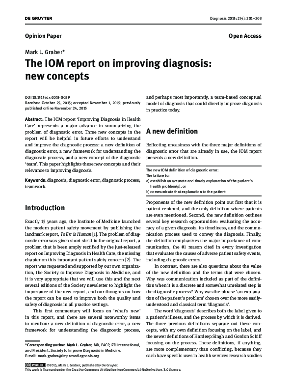 (PDF) The IOM report on improving diagnosis: new concepts