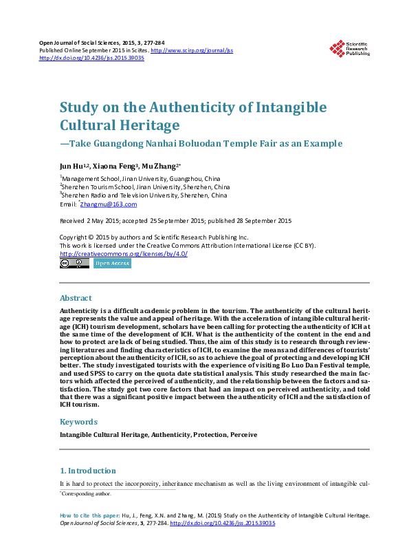 (PDF) Study on the Authenticity of Intangible Cultural Heritage —Take ...