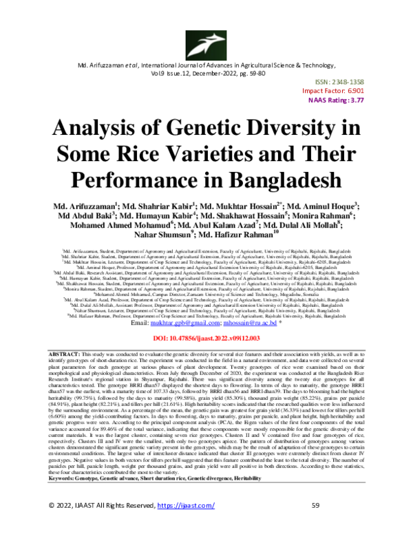 (PDF) Analysis of Genetic Diversity in Some Rice Varieties and Their ...