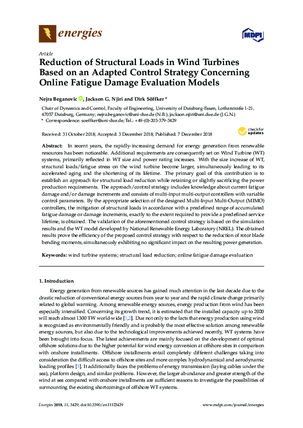 (PDF) Reduction of Structural Loads in Wind Turbines Based on an ...