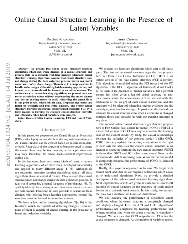 (PDF) Online Causal Structure Learning in the Presence of Latent Variables