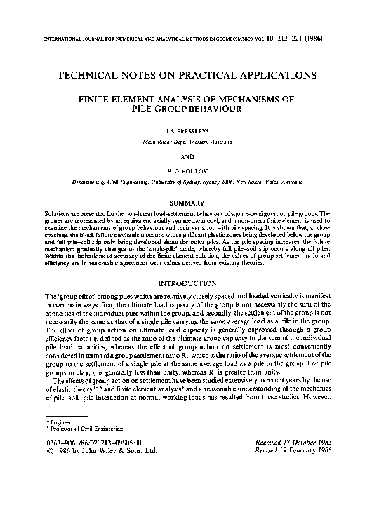 (PDF) Finite element analysis of mechanisms of pile group behaviour