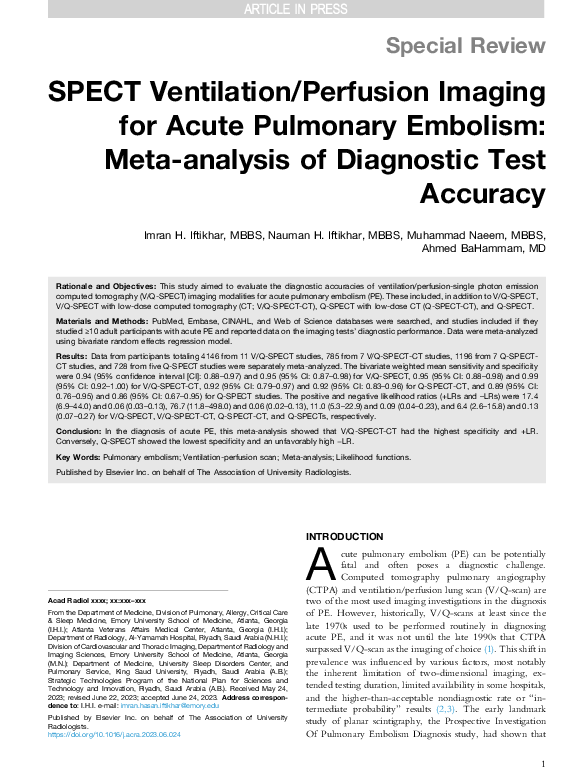 (PDF) SPECT Ventilation/Perfusion Imaging for Acute Pulmonary Embolism ...