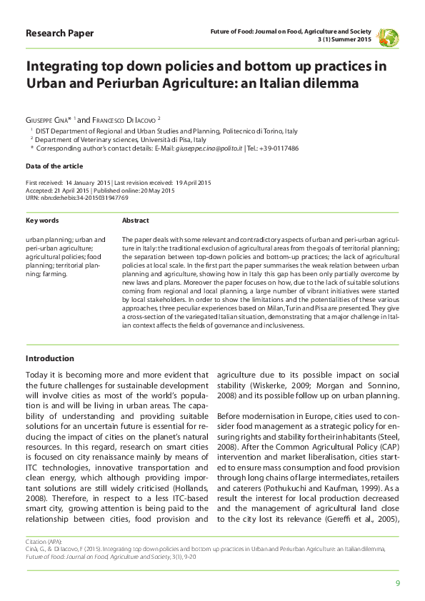 (PDF) Integrating top down policies and bottom up practices in Urban ...