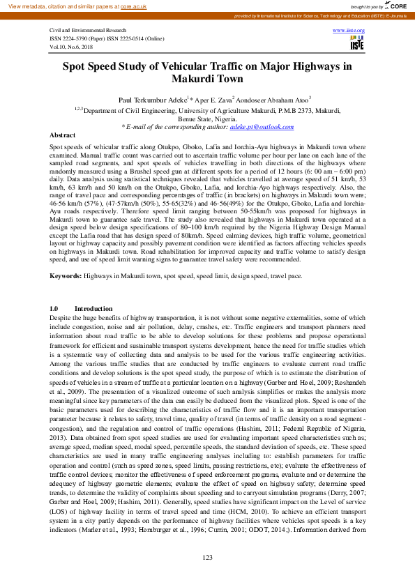 (PDF) Spot Speed Study of Vehicular Traffic on Major Highways in ...